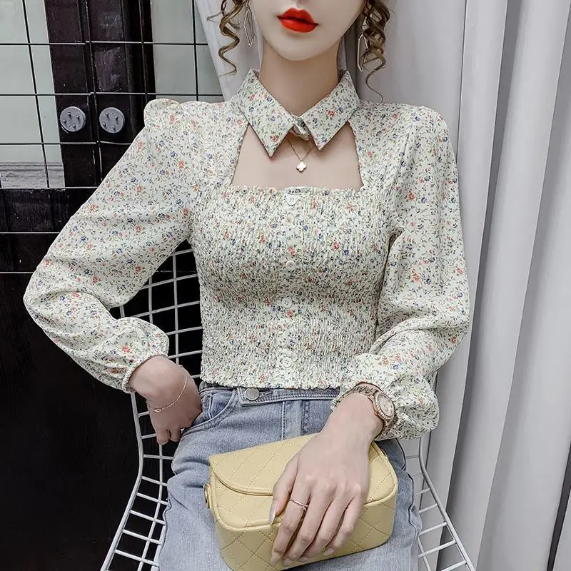 Floral Chiffon Shirt 2024 New Spring Summer Women Collect Waist Hollow Out Tops Vintage Blouse Women Longsleeve Short Shirt 3XL