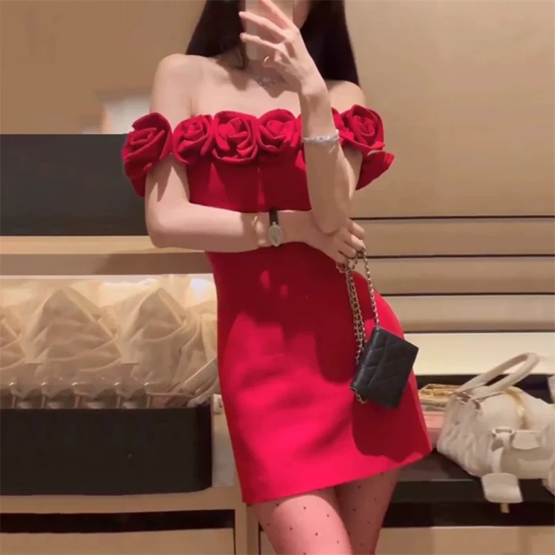 Summer New Arrival Pure Hand-Sewed Rose Dress Shoulder Tight Waist Sexy A- Line Short Dress Red Black Women\'s Clothing Dress