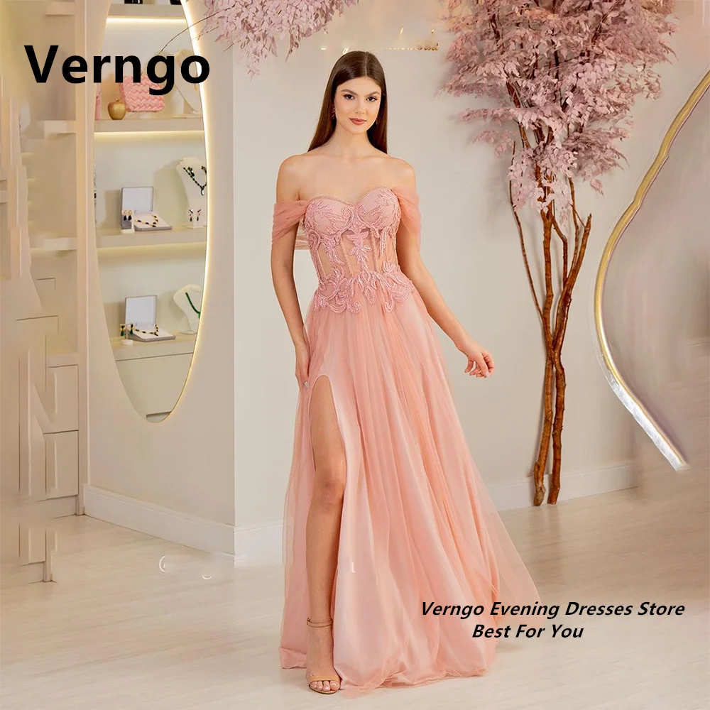 

Verngo Pink Sweetheart Off The Shoulder Party Gown Bone A Line Side Slit Dress For Women 2024 Applique Tulle Evening Dress