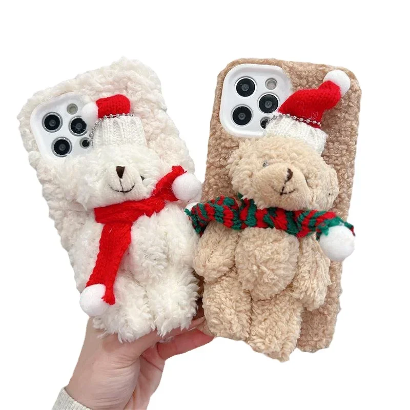 Soft Plush Phone Case For iPhone16 11 12 13 14 Pro XR X Xs Max mini 7 8 6 6s Plus MAX 5 5S SE  cartoon Christmas Bear Back Cover