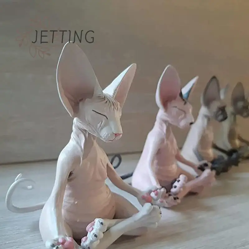 Meditation Yoga Happy Cat Collectible Figurines Miniature Buddha Cat Figurine Animal Model Hairless Cat Figurine Home Decor