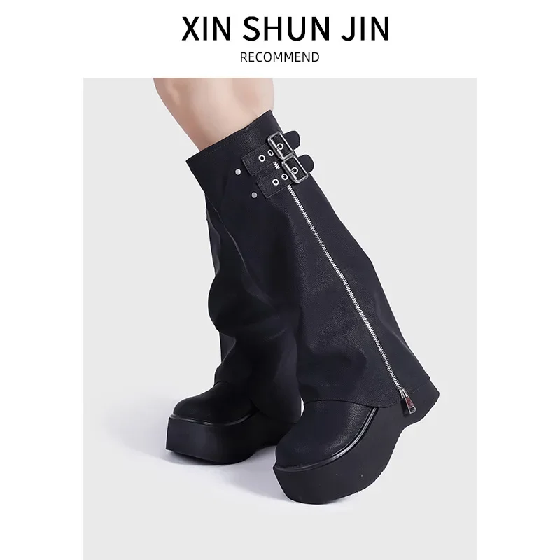 Platform Women Knee High Boots Hot Girl Style Black Brown Round Toe Boots Belt Buckle Slip on Design Side Zipper Knight Boots