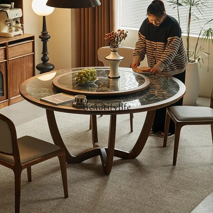 

North American black walnut solid wood round dining table modern simple light luxury round rock slab dining table