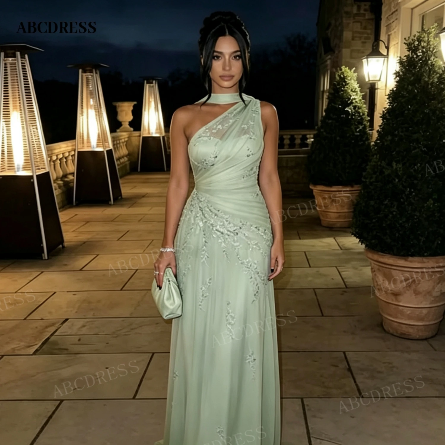ABCDRESS A-line Light Green Prom Evening Dresses Lace Embroidery Formal Gown One Shoulder vestidos de noiva Customized