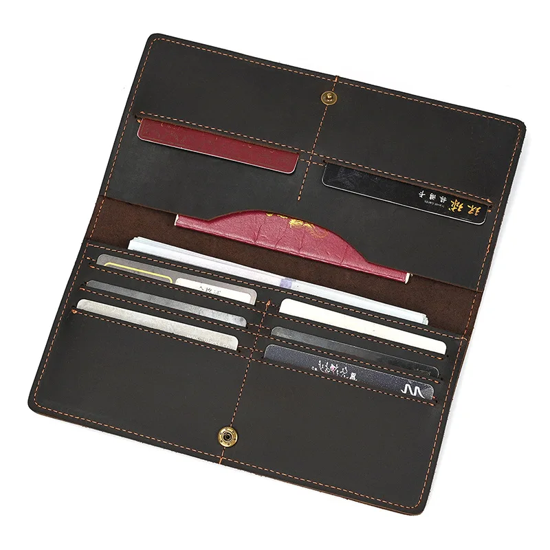 Vintage Crazy Horse Leather Long Bifold Wallet, Full Cowhide Multi Card Slots Men Genuine Leather Handheld Purse