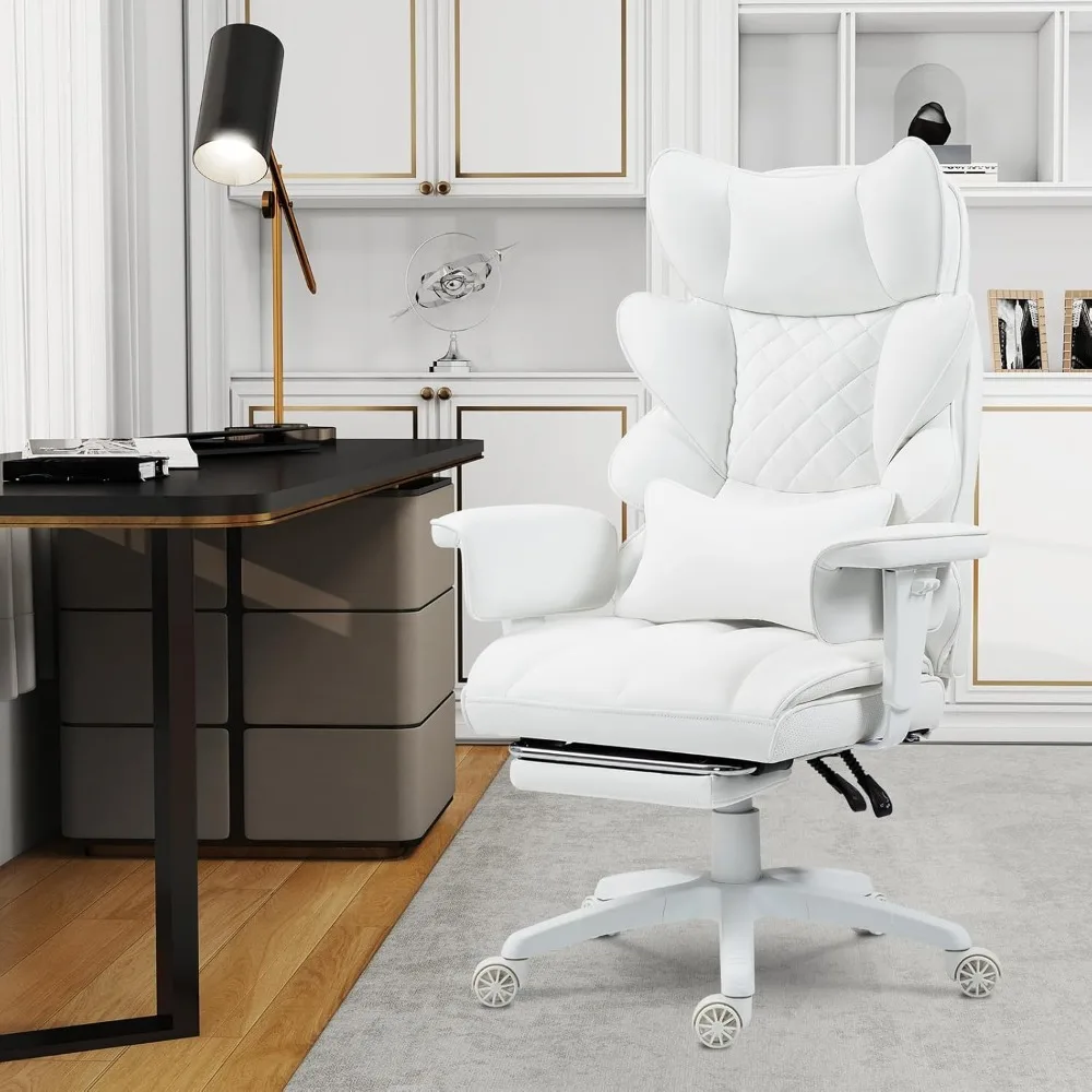 Big and Tall Office Chair with Pocket Spring Cushion and Lumbar Support,High Back Computer Gaming Chair (PU Leather, White)