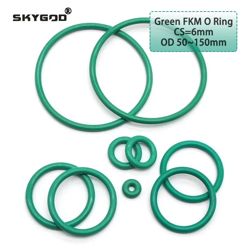 

5pcs Green FKM O Ring CS 6mm OD 50 ~ 150mm Sealing Gasket Insulation Oil High Temperature Resistance Fluorine Rubber O Ring