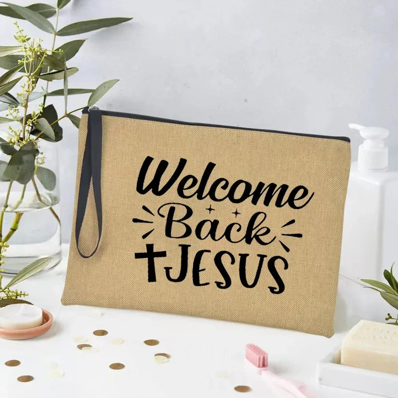 Rise Up and Pray Pattern Zipper Makeup Bag Christianity Element Travel Cosmetics Bag Jesus Pencil Case School Organizer for Pens