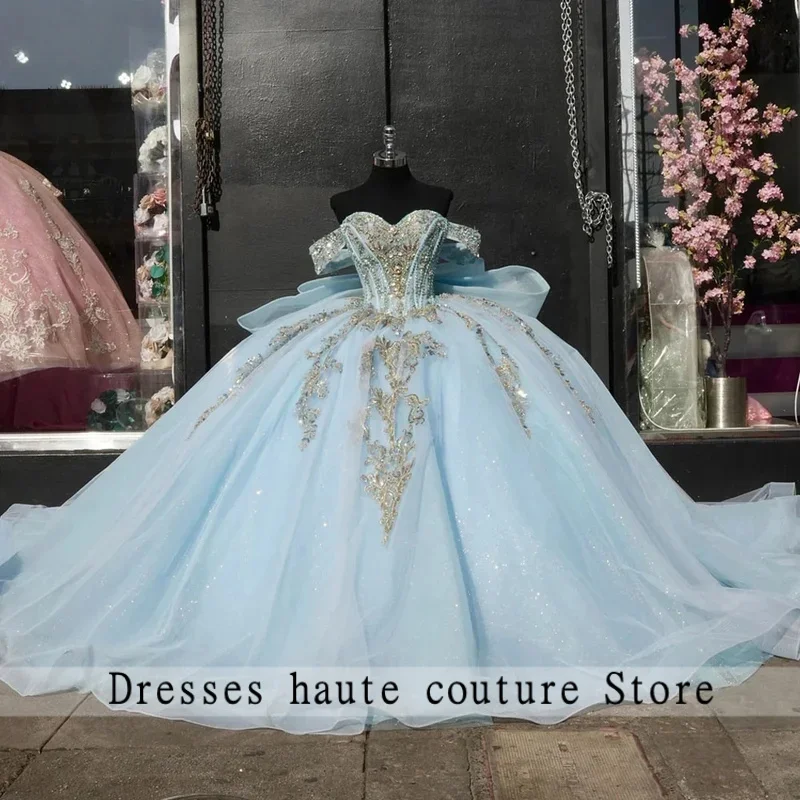

Blue Charro Quinceanera Dresses Ball Gown Off The Shoulder Appliques Beaded Mexican Sweet 16 Dresses 15 Anos Customized