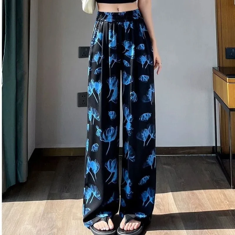 

2024 Summer Women's Casual Fashion Elegant Commuting Loose New Chinese Printed and Dyed High Waist Ice Silk Thin Wide Leg Pants