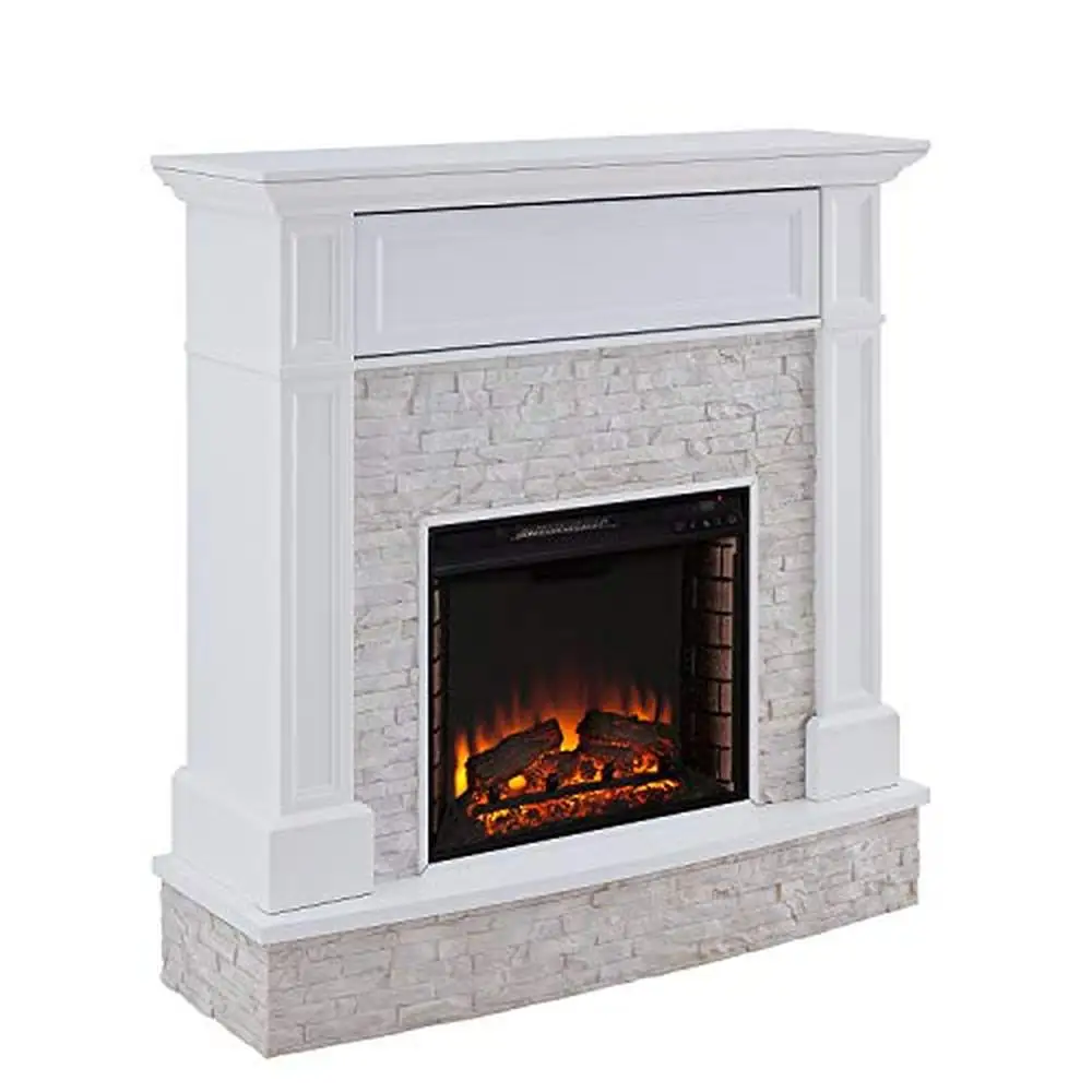 Electric White Stone Media Fireplace with Hidden Storage and Remote Control Transitional Style Cozy Heat 48