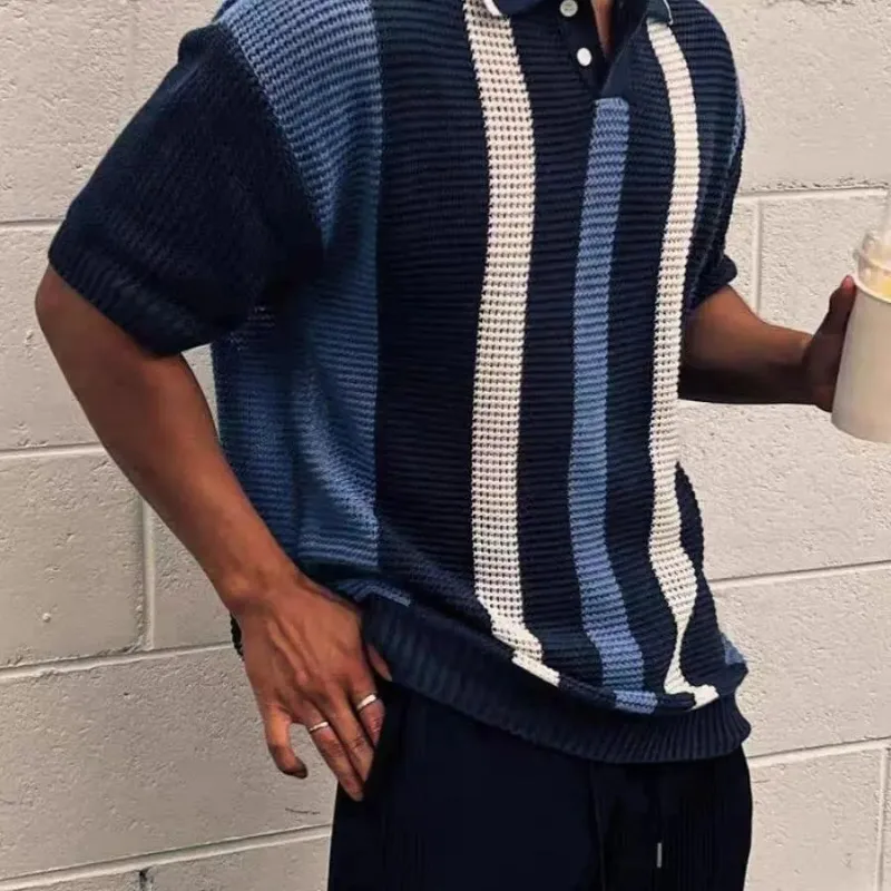 Fashionable Hollow Knitted Polo Shirt for Men Contrast Striped Short-sleeved Pullover Mesh See-through Button Patchwork Sweater view 3