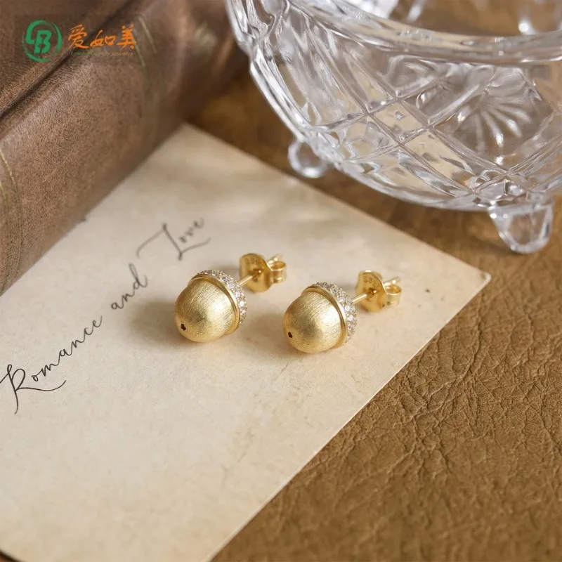 Hand-drawn Wire Acorn Stud Earrings 925 Sterling Silver Fashion Jewelry 10K Gold Plated Cute Earrings Women Girls Part Gift
