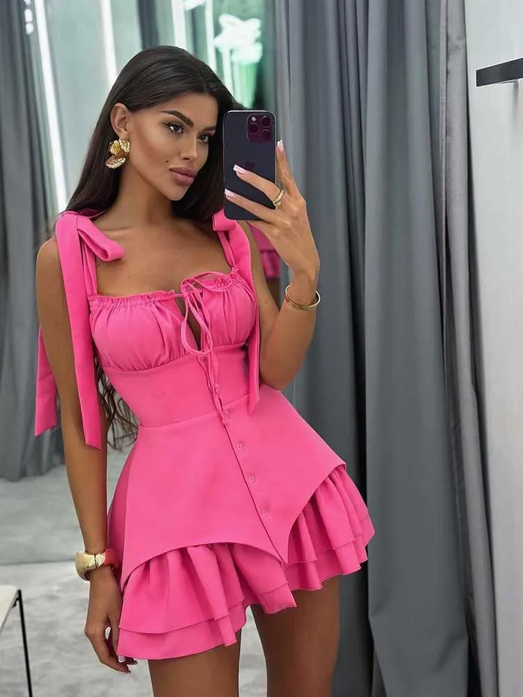 Robe d'été courte pour femmes, taille haute, bretelles avec nœud, col Slash, Sexy, élégante et belle, vente en gros, livraison directe