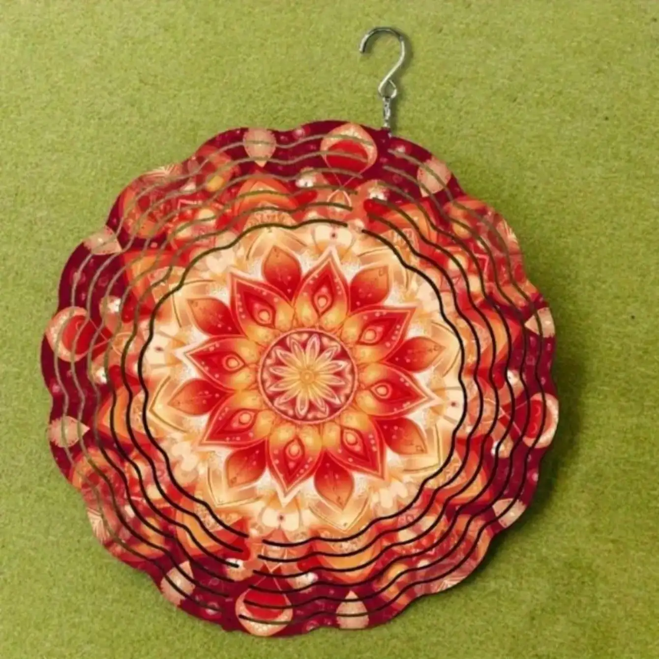 CIFbuy Sunset Lotus Mandala 3D Metal Wind Spinner Orange Red Kinetic Art Anti Fade Waterproof Elegant Hanging Ornament Indoor Ou