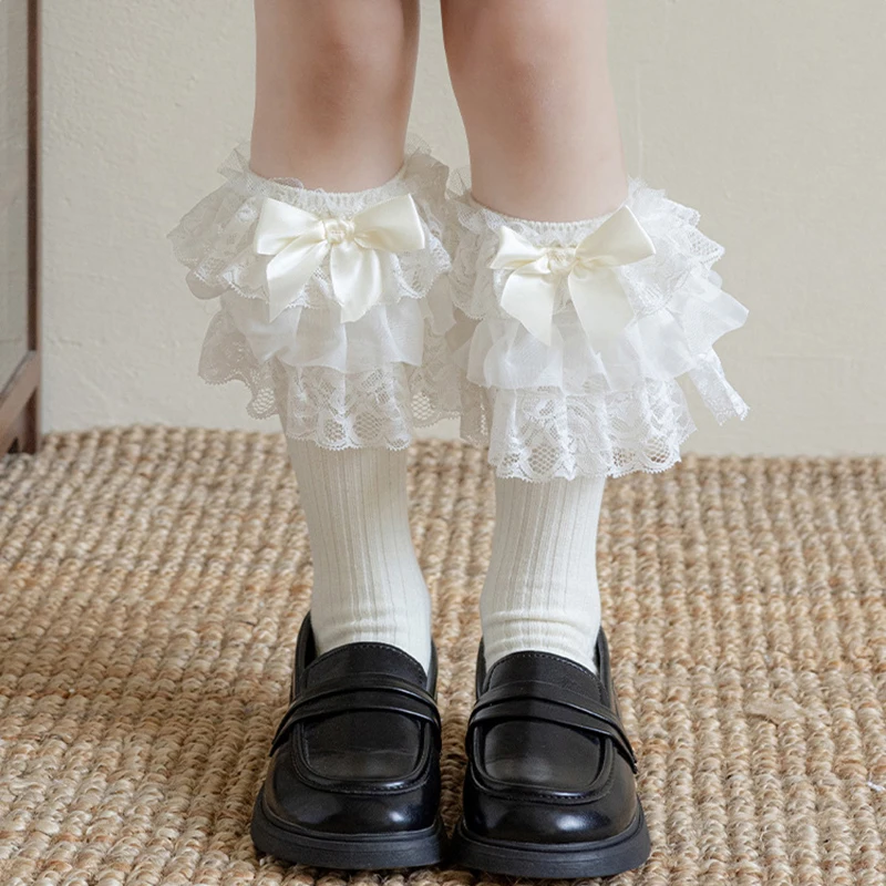 Lolita Girls Sock Bows Knee High Toddler Lace Socks Ruffle Kids Cotton Sock Cute Children's Princess Socks Dressing Party