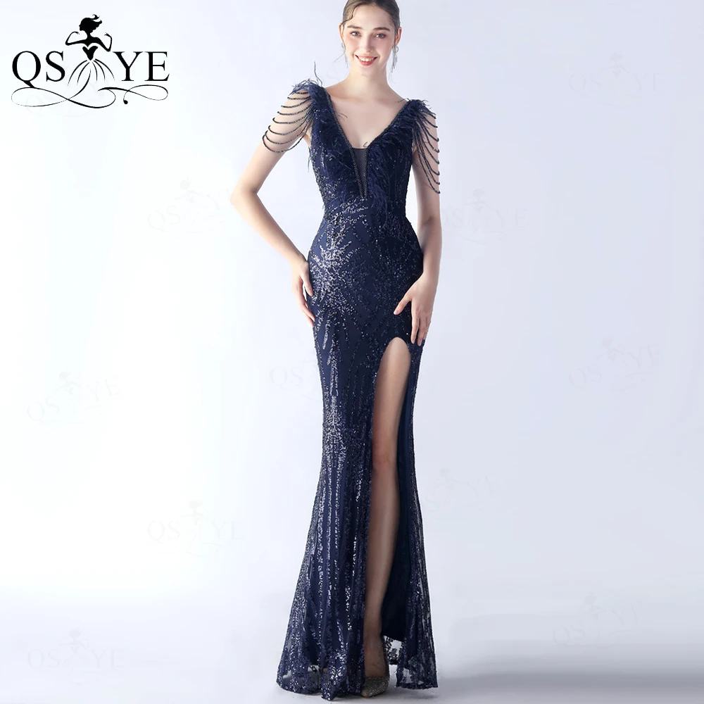 

Navy Evening Dresses Beading Shoulders Sequined Pattern Lace Ostrich Fur V neck Prom Gown Open Back Front Split Long Party Dress