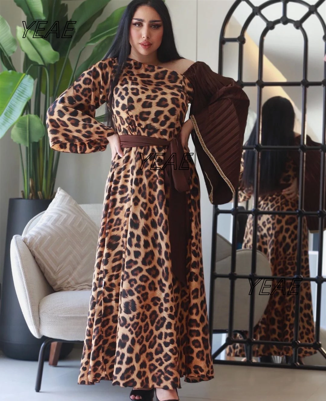 

Santorini Leopard Print Prom Dresses Long Sleeves Sash Formal Occasion Women Wear Evening Party Special Bride Dress Customzied