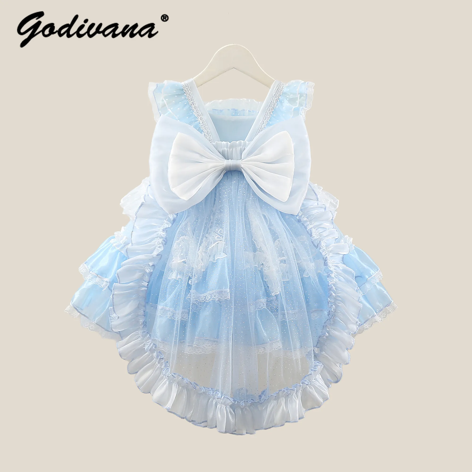 2026 Summer New Cute Baby Girls High End Heavy Lolita Dress Kids Lace Ruffle Sweet Sleeveless Bow Train Princess Birthday Gown