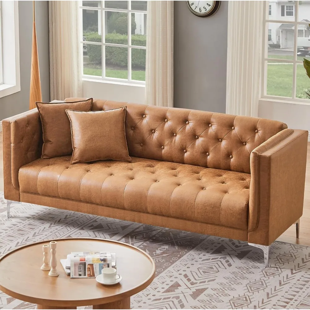 

79'' Modern Sofa Couch for Living Room, with Deep Seats and 2 Pillows, Handmade Button Tufted Leather Couch Brown