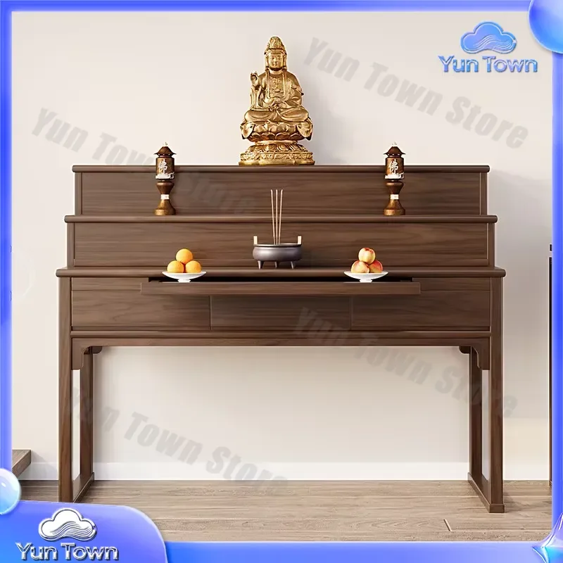 Chinese Style Black Walnut Offering Table for Incense Burner Three Layer Solid Wood Altar Table for Home Temple Decor