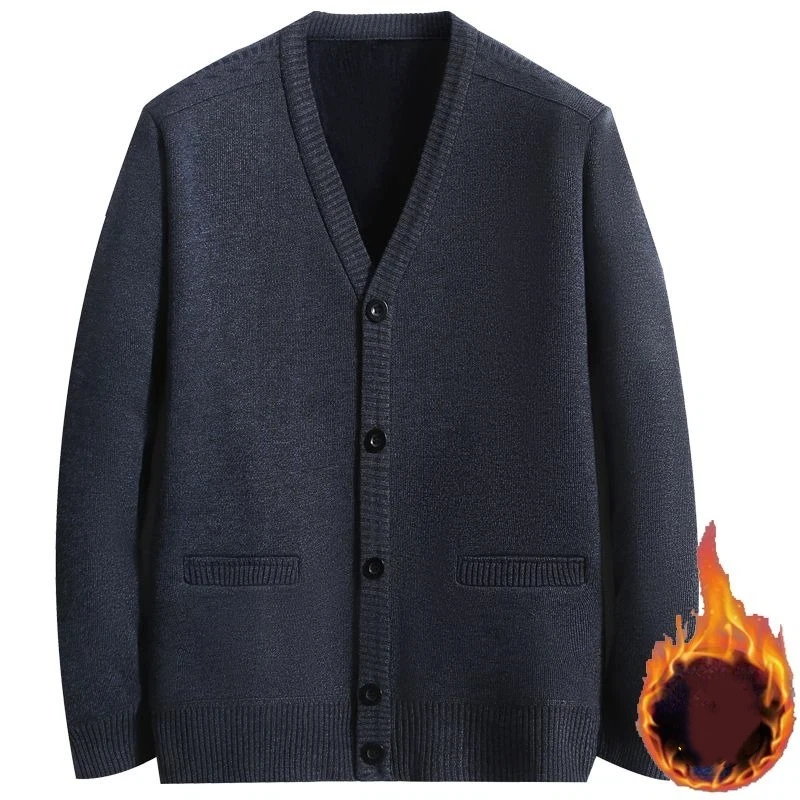 

Осень-зима, утепленный бархатный однотонный вязаный кардиган с v-образным вырезом, свитер для пожилых людей среднего возраста с длинными рукавами