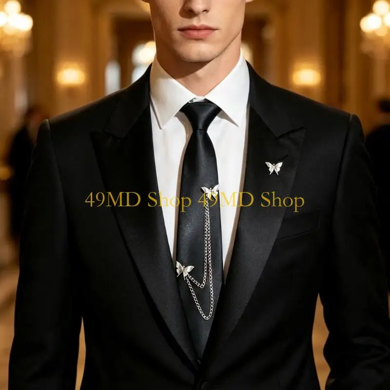 49MD Formed Knot Black Necktie with Butterfly Chain Detail, for Costume Styling