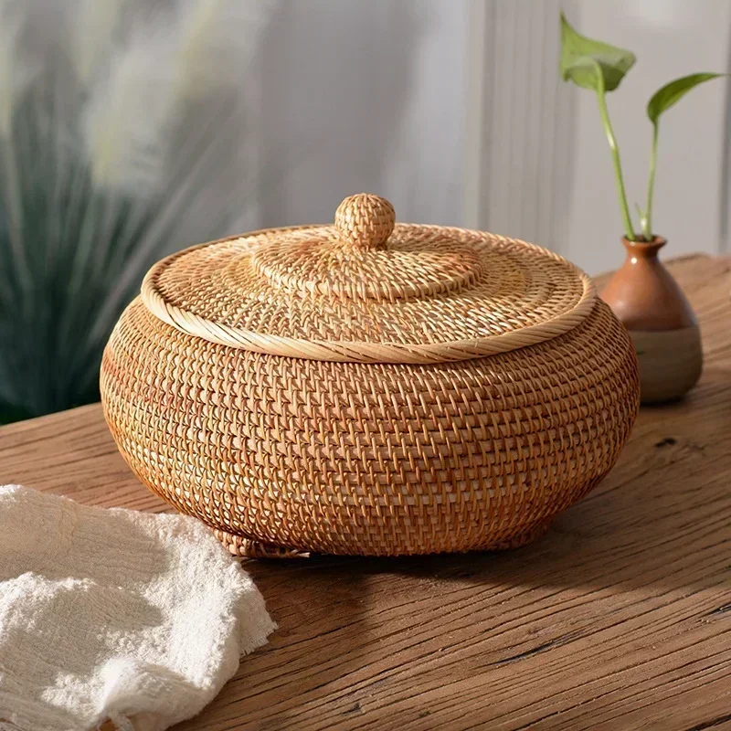 

New Handwoven Rattan Storage Box with Lid Tea Food Container Kongfu Tea Set Bread Fruit Basket with Lid Puer Tea Bag Organizer