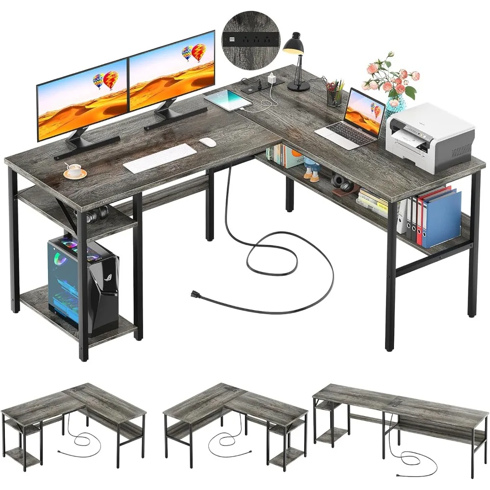 

Reversible L Shaped Desk with Power Outlets and USB Charging Ports, Sturdy Corner Computer Desk with Storage Shelves,