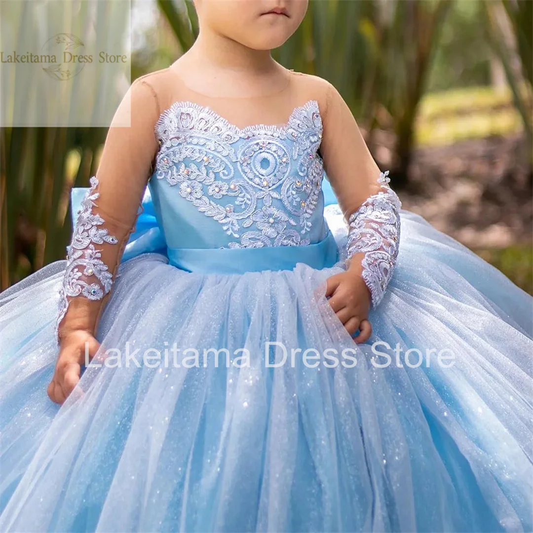 Robes à fleurs bleu ciel pour filles, en Tulle, avec nœud perlé, manches longues, pour fête de mariage, anniversaire, concours, Robe de première Communion