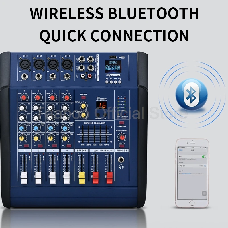 Professional Digital Console with 4 Channel Sound Audio Mixer with 48V Prower USB Bluetooth DJ Sound Amplifier Mixer for KTV Bar