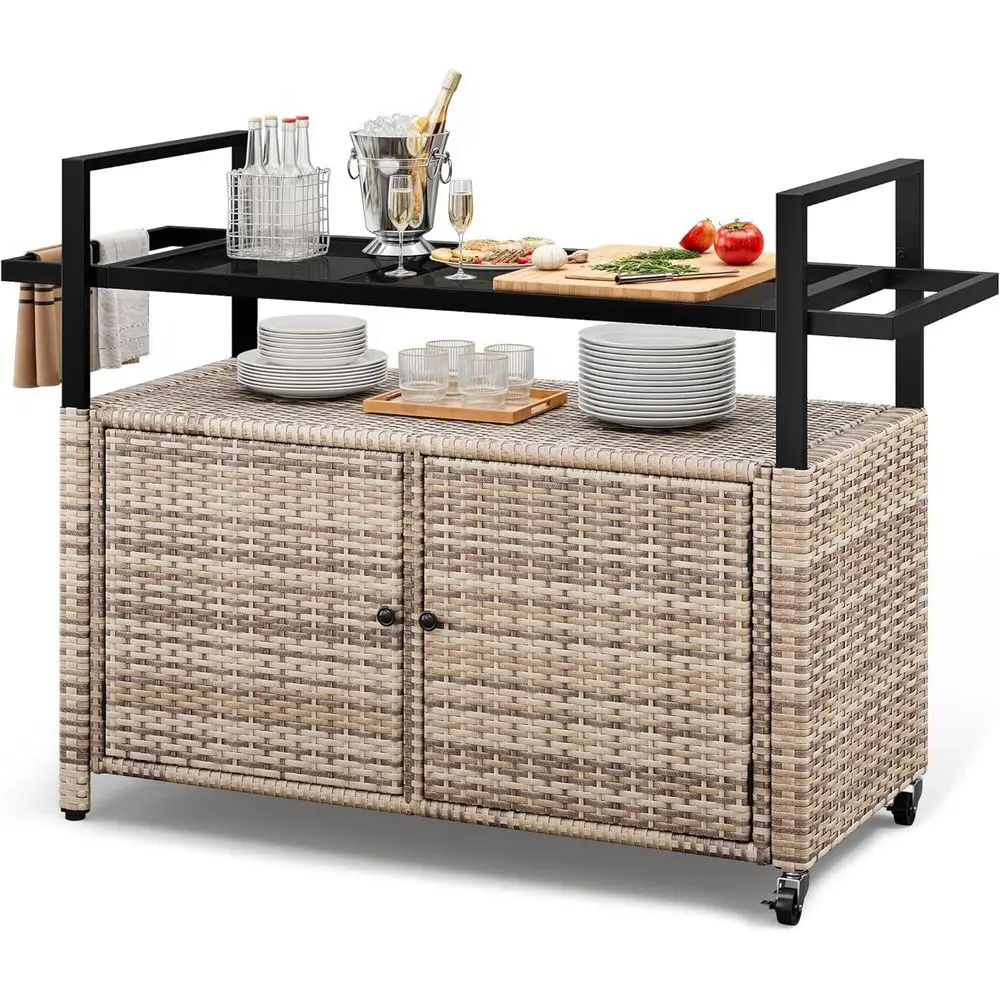 

Тележка для хранения на колесиках, с черной стеклянной столешницей для патио, уличный шкаф для зоны у бассейна и заднего двора (светло-коричневый)