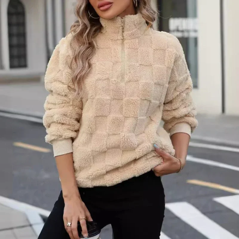 2024 New Women's Plush Pullover Sweatshirt - Half-Zip Collar, Loose Fit, Checkered Fleece for Autumn and Winter