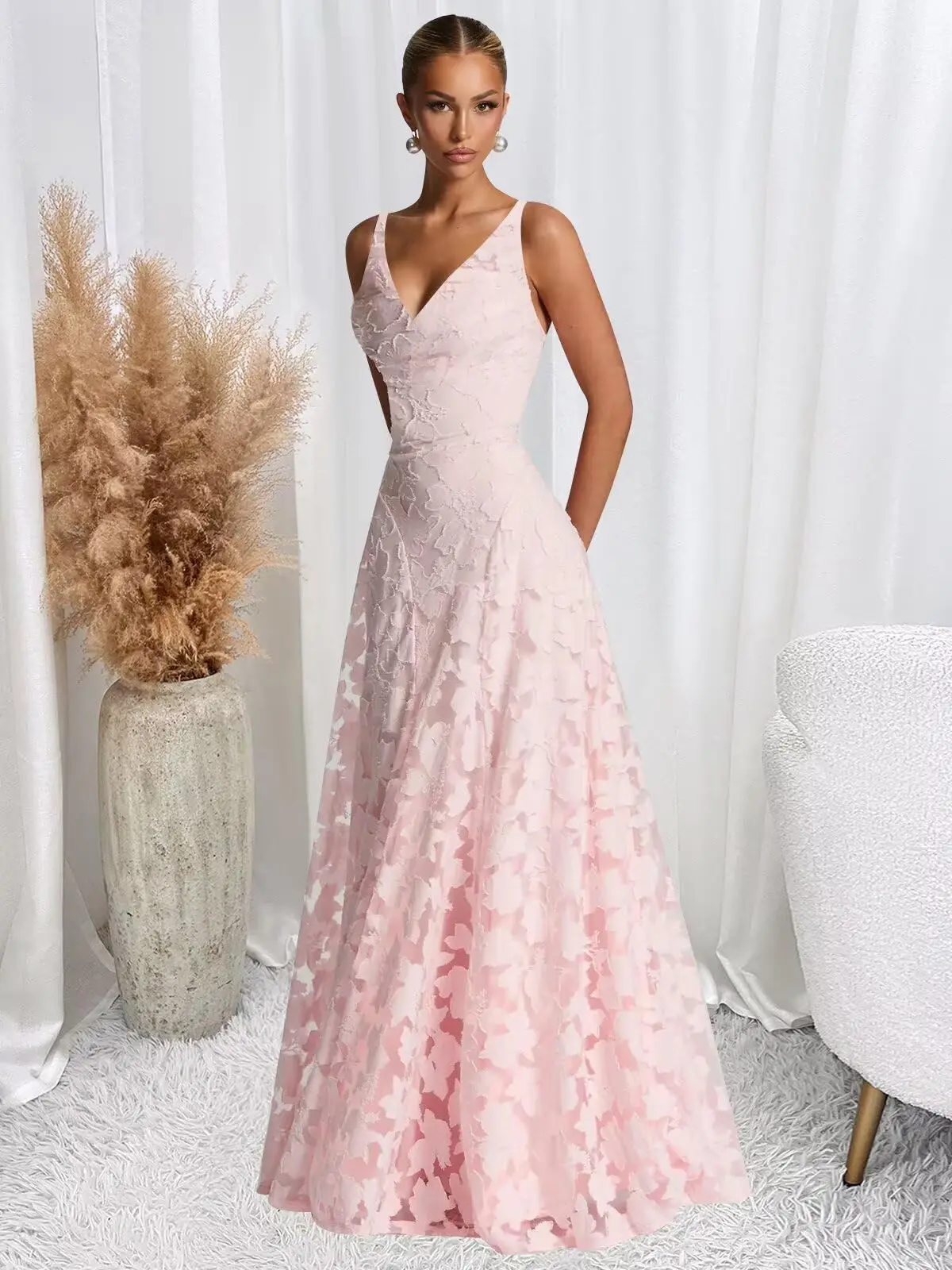 Abiti da damigella d'onore in pizzo floreale per donna Abito da sera formale in chiffon con doppio scollo a V