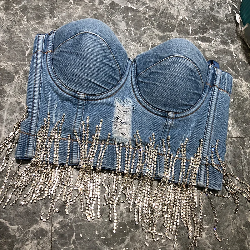 Moda z diamencikami i frędzlem biustonosz bez ramiączek kamizelka dżinsowa koszula kobiety Sexy klub nocny taniec kowboj Camisole Jeans krótki Top Ropa Mujer — zdjęcie 6