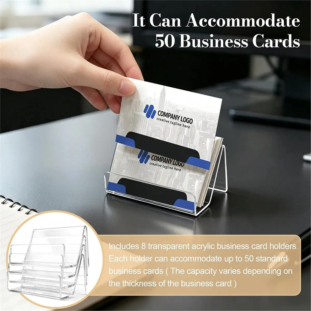 8 Pack Acrylic Business Card Holder for Desk, Clear Business Card Display Stand, 50 Card Capacity