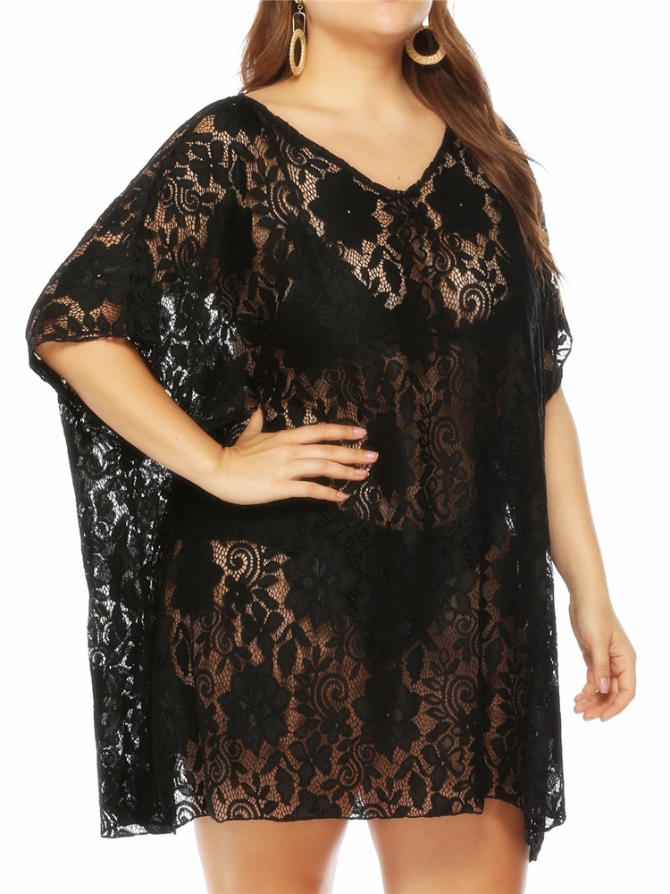 3XL Plus Size Beach Dress for Women Black Large Split Beachwear Sexy Lace Floral Luxury Tunic Outlet Bikini Cover Up 2XL XL Pink