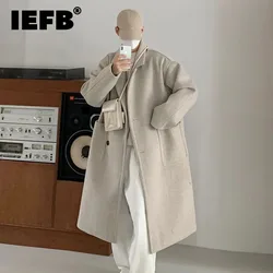 IEFB Mid Length Men's Trench Coat Korean Style Turn-down Collar Single Breasted Solid Color Big Pockets Fashion Winter 9C8281