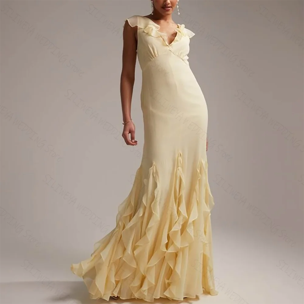 

Fresh Light Yellow Chiffon Chic Prom Dresses Sleeveless V Neck A-Line Female Party Evening Gown
