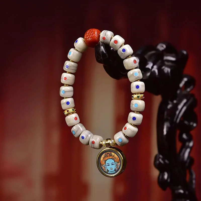 Backflow Bone Multi-Treasure Inlaid Bead Bracelet Single Circle Green Tara Small Thangka Gawu Box Pendant Cultural B