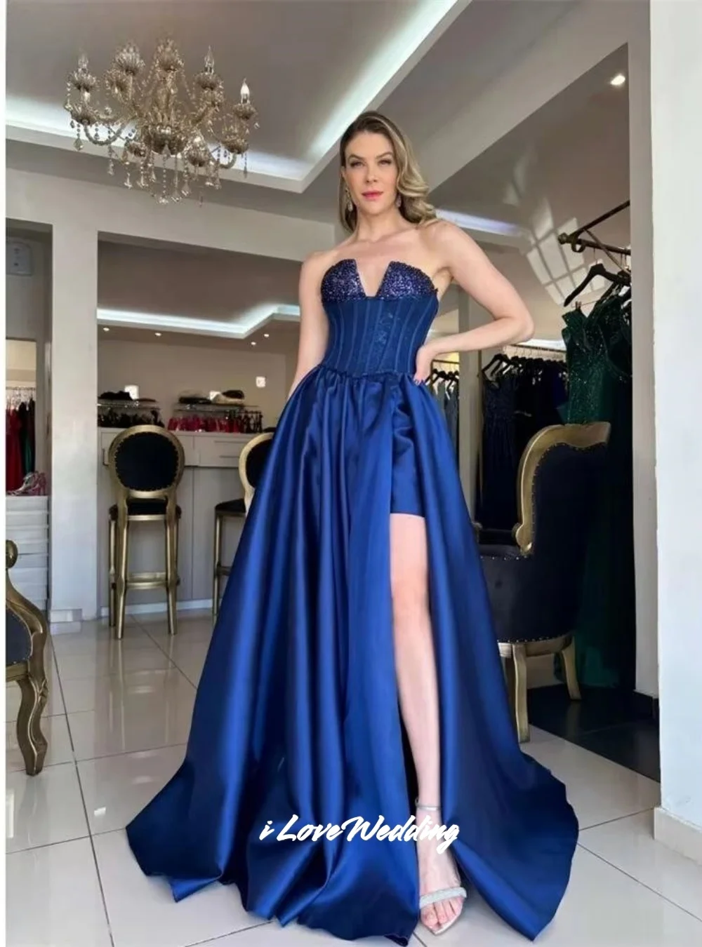 

Blue V-Neck Beaded Evening Dress Sleeveless Side Split فساتين سهرات A-Line Floor-Length Sweep Train Pleated Customize