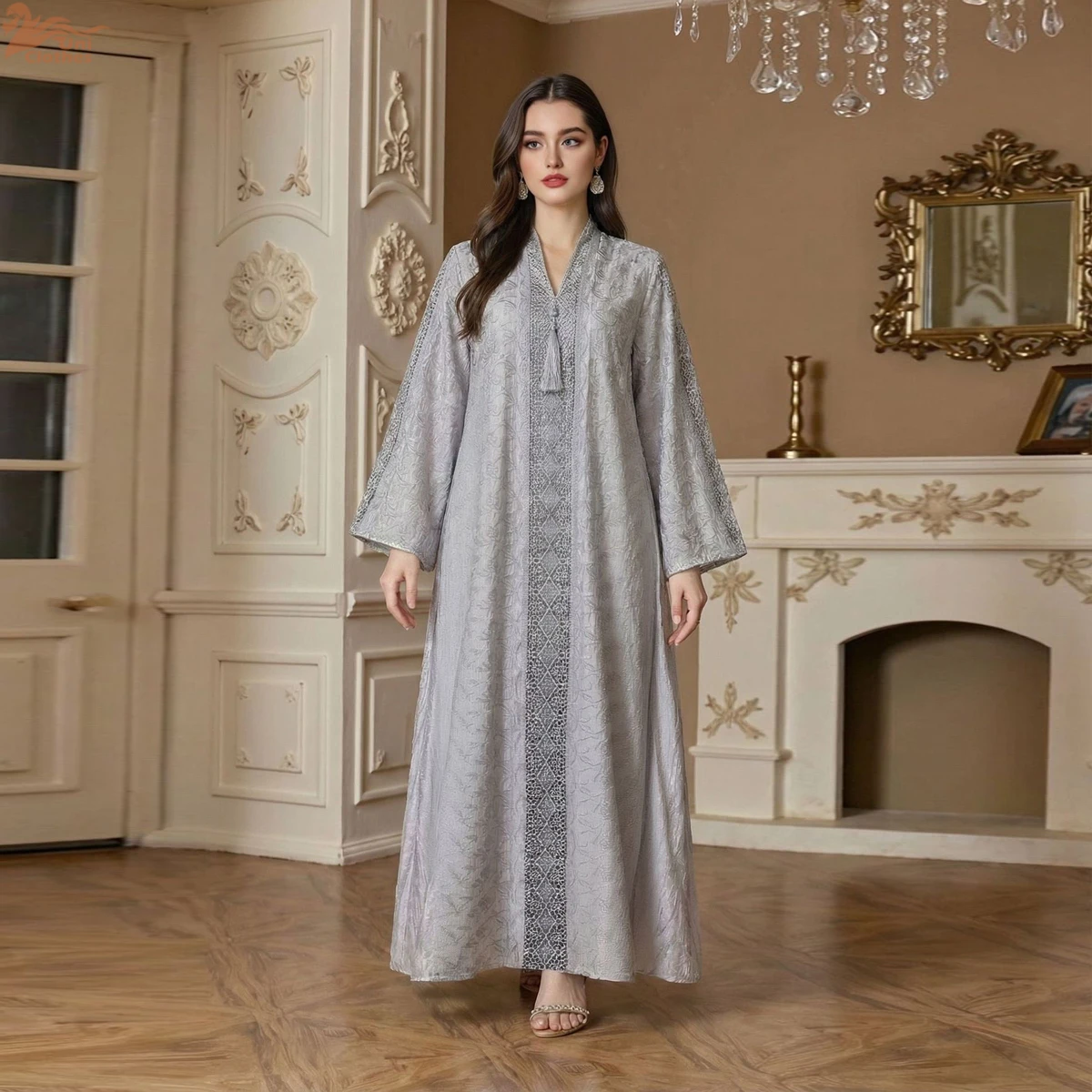 

Дубайское вышитое платье-абайя с сетчатыми вставками и бахромой для женщин, мусульманская одежда, марокканский стиль, наряд для торжественных мероприятий