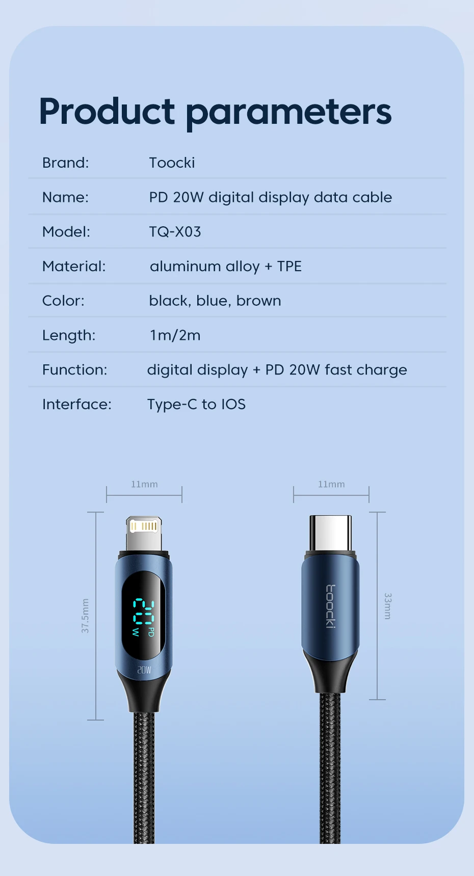 Toocki PD20W USB-C-Lightning-Kabel mit LED-Digitalanzeige, Schnellladekabel für iPhone 14 13 12 Pro Max 8 7, Typ C zu Lightning – Detail 12