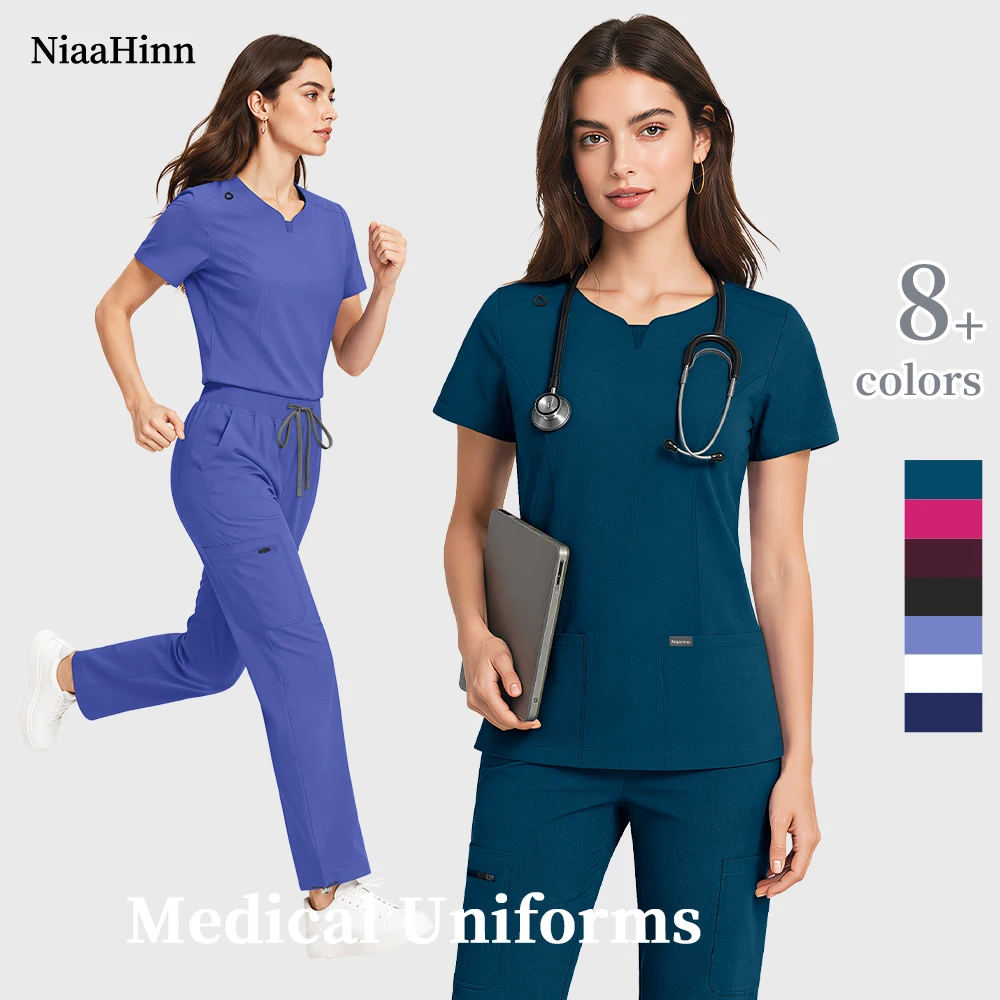 Niaahinn Hospital Nurse Scrubs Set Women Short Sleeve Medical Uniform Multi-Pocket Adjustable Drawstring Work Pants Surgical Set