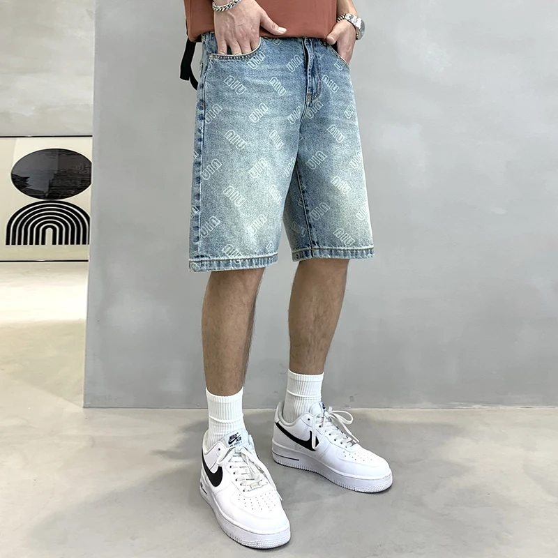 Printed Denim Shorts Men's Summer New High Street Fashion Shorts Korean Style Fashionable Loose Personalized Shorts