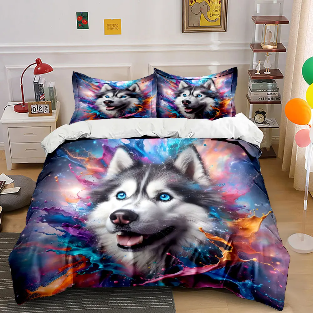 Vibrant Colors and Husky Portrait Print Soft Comfortable Duvet Cover Bedding Set Included 1*Duvet Cover 2*Pillowcases