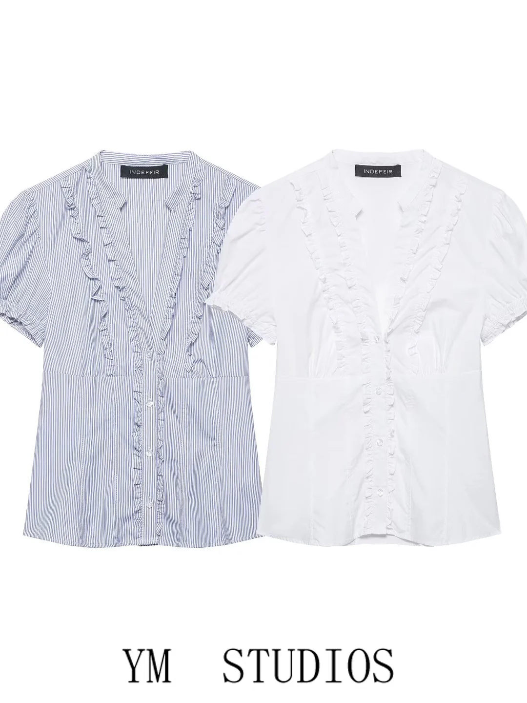 

Женская приталенная рубашка с V-образным вырезом и рукавами-фонариками, модная новинка Весна 2026, из полиэстера, с декоративными короткими рукавами в полоску