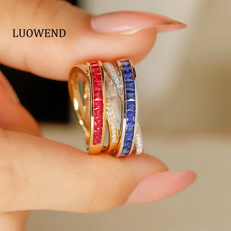 LUOWEND 100% 18K Yellow Gold Rings Luxury Diamond Jewelry Natural Ruby Ring for Women Fashion Cross Design High Party Jewelry