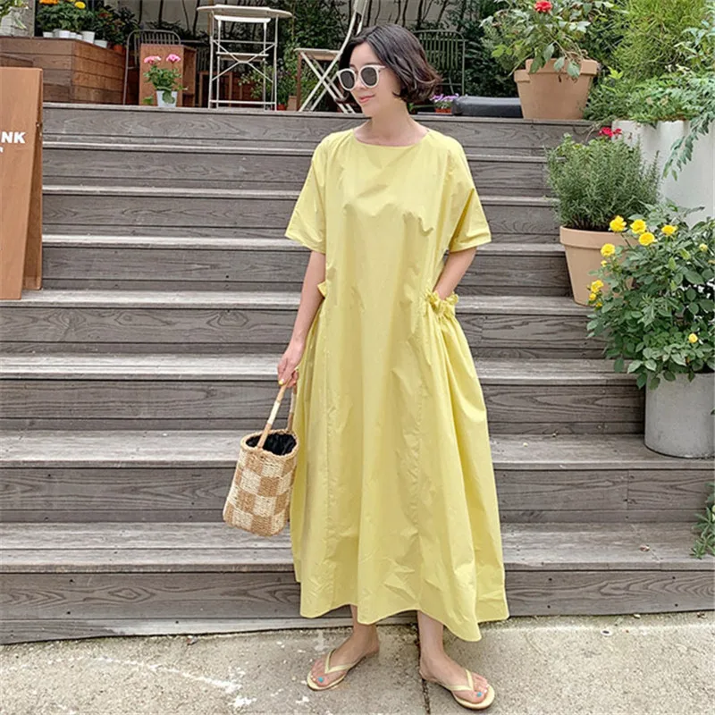 Johnature Summer New Korean Women Solid Color Loose Dresses 2025 Casual O-neck Short Sleeve Big Pockets Female Dress