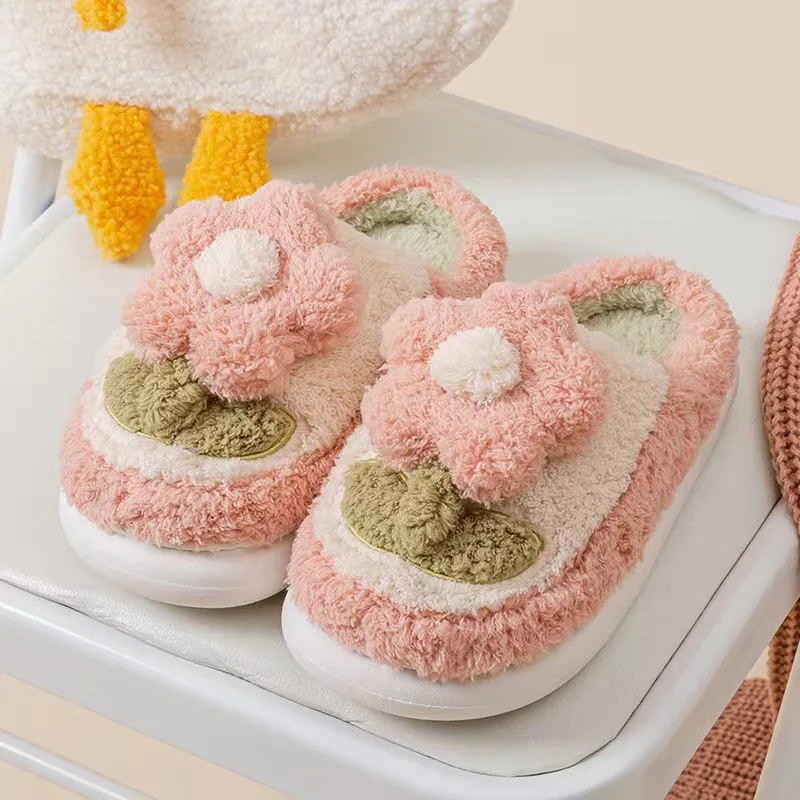 Winter Women's Lovely Flowers Thick Sole Plush Slippers Warm Indoor Fluffy Slippers Women's Footwear Men's Slippers House Slides